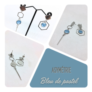 Boucles d'oreilles asymétriques en inox avec cabochon bleu de pastel, création artisanale Albi